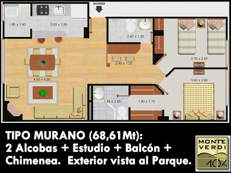 Tipo Murano-68,61 mt: 2 Alcobas+ Estudio: